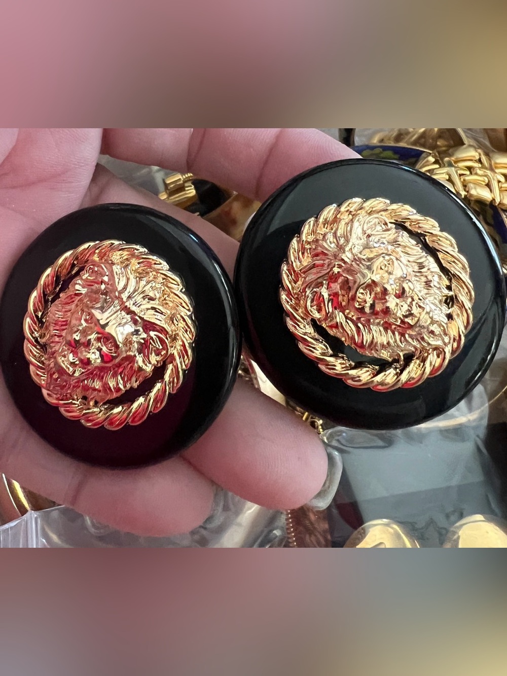 BUNDLE FOR MAGS Gold Lion Medallion Earrings and 80’s Lucite Clamper